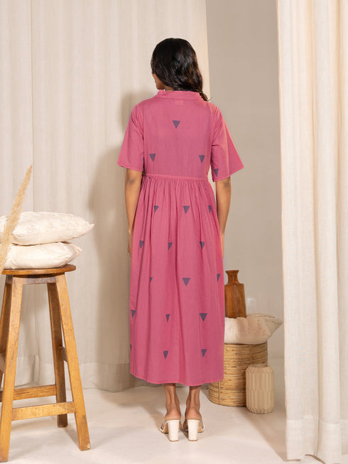 Pink Cotton Geometric Gathered Dress